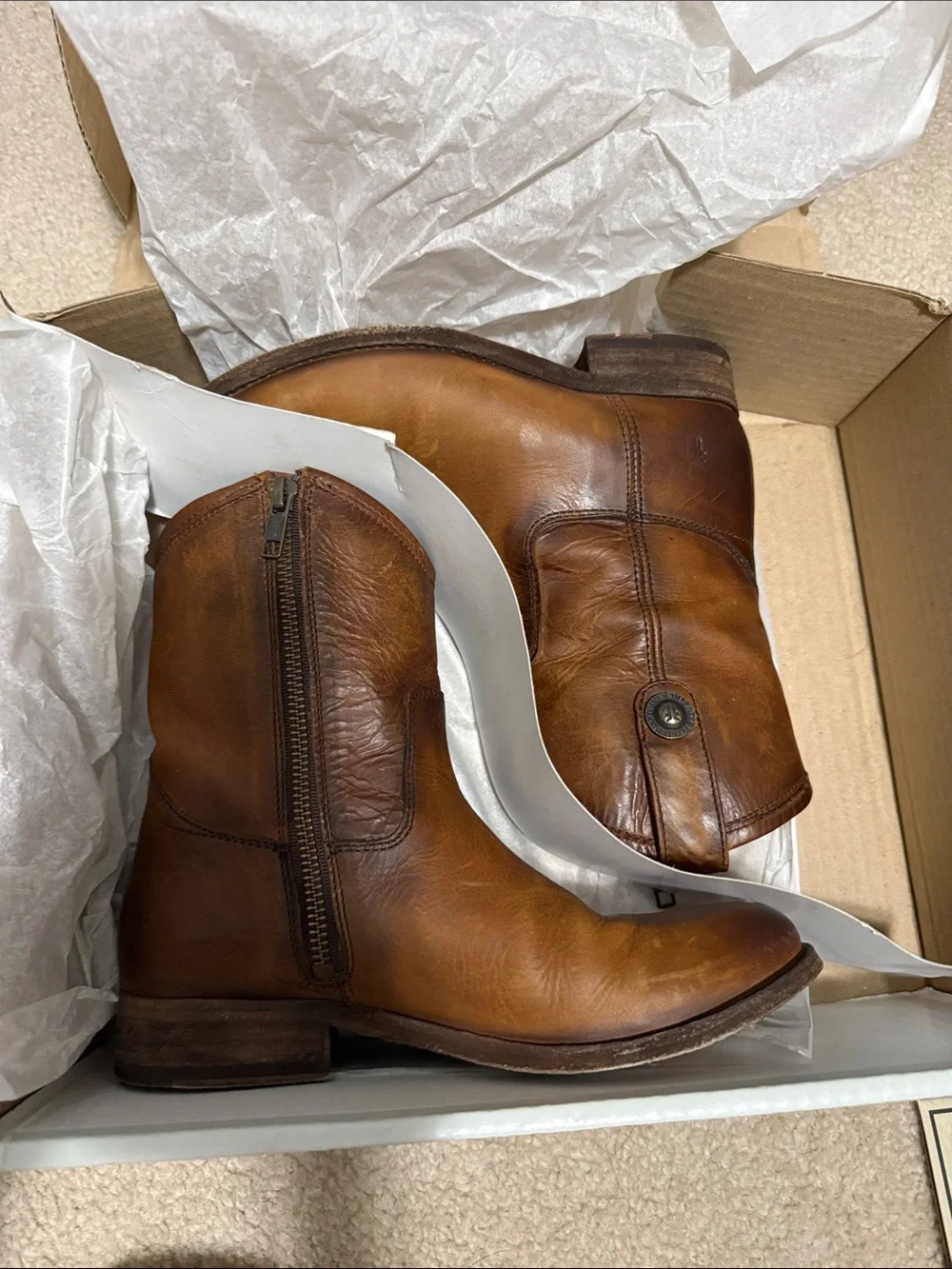 Frye Cognac Brown Leather Zip-Back Ankle Boots 5.5